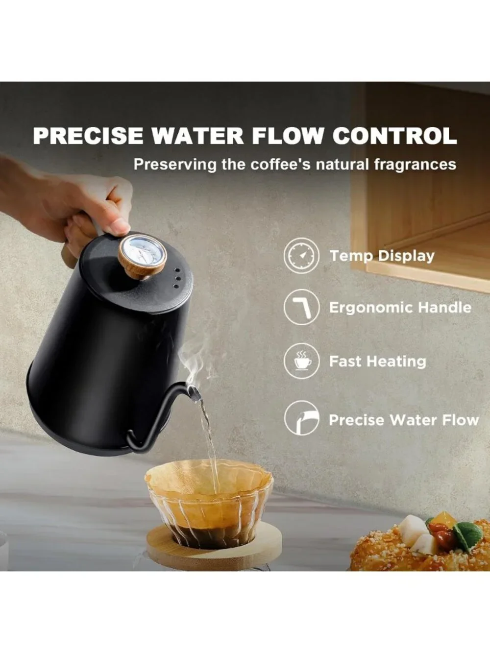 Electric Gooseneck Kettle with Thermometer, 1L Pour Over Coffee & Tea Maker